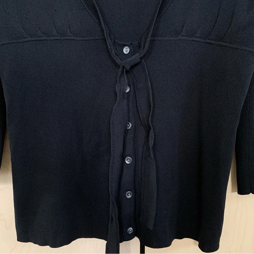 Ann Taylor Womens 3/4 Sleeve V Neck Button Bow Tie Sweater Cardigan Black Size M